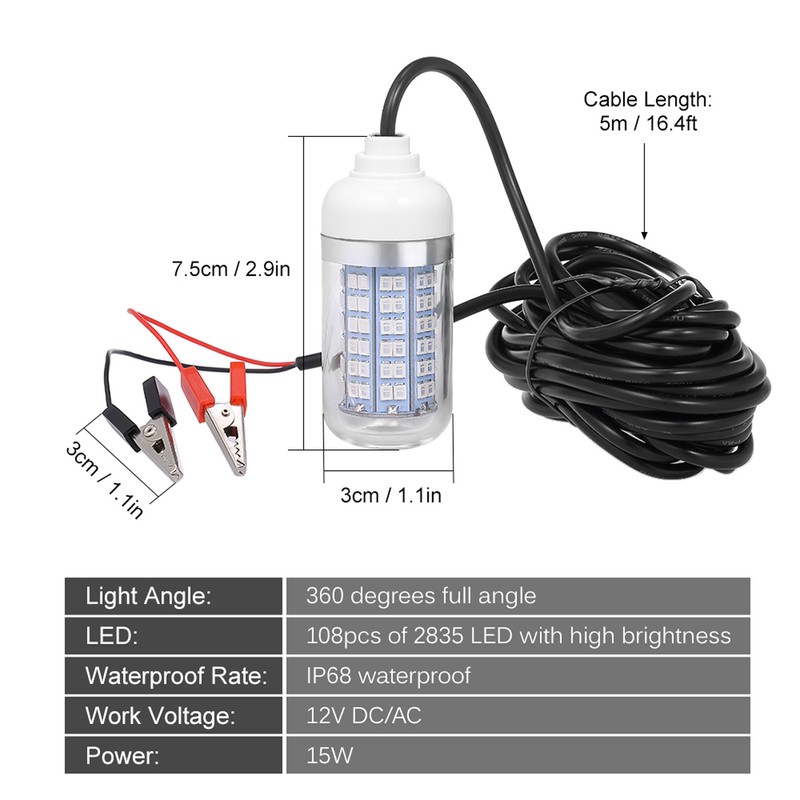 12V 15W Underwater Fishing Attract Light LED Lamp Fish Finding