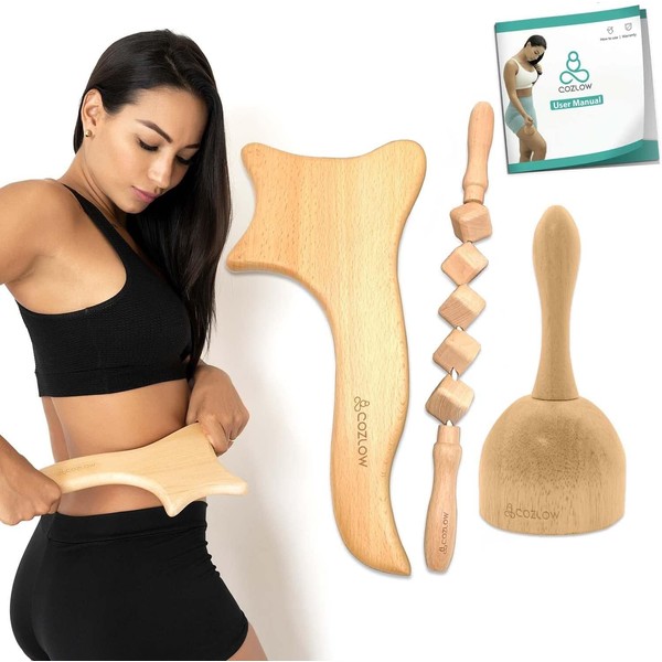 COZLOW 3-in-1 Wood Therapy Massage Tools, Professional Maderoterapia Kit for Body Shaping & Sculpting, Lymphatic Drainage Massage Roller w/Wooden Cup & Scraper for Reducing Cellulite Appearance