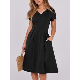 ANRABESS Women Summer Dress Casual Short Sleeve V Neck A-Line Knee Length Pleated Flowy 2025 Fashion Midi Dresses with Pocket Black Large