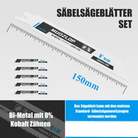 MUOZLOP 5 Pack 6 Inch Reciprocating Saw Blades Set, 14 TPI Saw Blades for Reciprocating Saw, for Wood/Metal Reciprocating Saw Blades (5, 14TPI 150 mm)