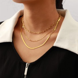 AMICON 3PCS Gold Layered Choker Necklaces for Women Girls 14K Gold Plated Herringbone Necklace Dainty paperclip Gold Necklace Gold jewelry for women