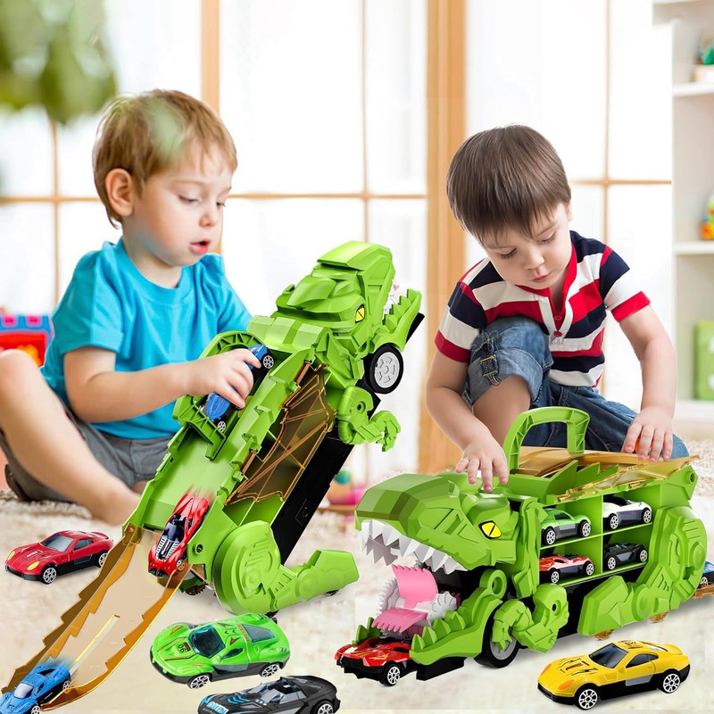Transporter Dinosaur Truck Toy with 12 Diecast Racing Cars, Monster
