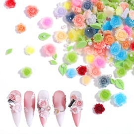 100PCS Flower Nail Art Charms, 3D Floral Nail Charms with Pearls and Leaves for Acrylic Nails, DIY Manicure Decoration for Women Girls