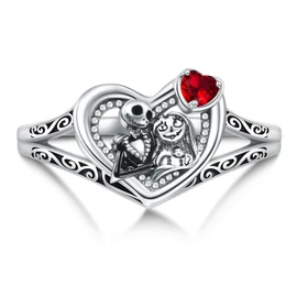 LILALO Sterling Silver Nightmare Rings for Women Jack and Sally Heart Ring with Red Zircon Jack Skellington Skull Jewelry Christmas Gifts for Women, Zircon, Zircon
