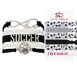 SportyBella Soccer Gift Set – Bracelet and 6-Piece Hair Tie Pack – Soccer Accessories for Girls or Teams – Soccer Bracelet and Hair Ties for Players, Fans, or Coaches