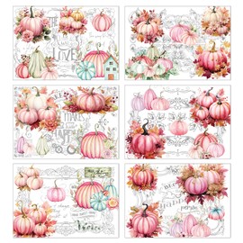 Wxiben Fall Rub on Transfer for Crafts - 6 Sheet Pink Pumpkin Rub on Transfers Stickers Autumn Harvest Thanksgiving Rub on Transfer Furniture Decals for Wood Scrapbook DIY Crafts Home Office Decor