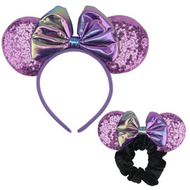 1 Pcs Mouse Ears Headband and 1 Pcs Mouse Ears Scrunchies with Bow Hairs Accessories for Girls Women Boys Birthday Party (Allpurple)