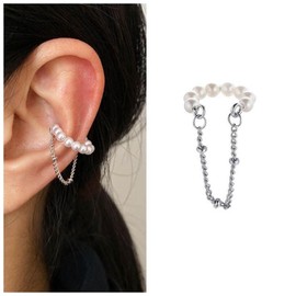 Yheakne Boho Pearl Circle Cuff Earrings Silver Pearl Ring Helix Earrings Minimalist Earcuffs Earring Non Pierced Clip on Earrings Jewelry for Women and Teen Girls