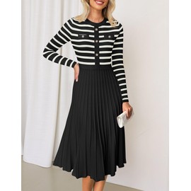 ZESICA Womens Long Sleeve Striped Midi Dresses Crewneck Button Ribbed Knit Pleated A Line Swing Sweater Dress,Black,Medium