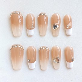 GLORS French Tip Press On Nails, Long Ballerina Shape, Nude with Rhinestones and Heart Charms, Handmade False Nail 10 Pieces (XS,LB)