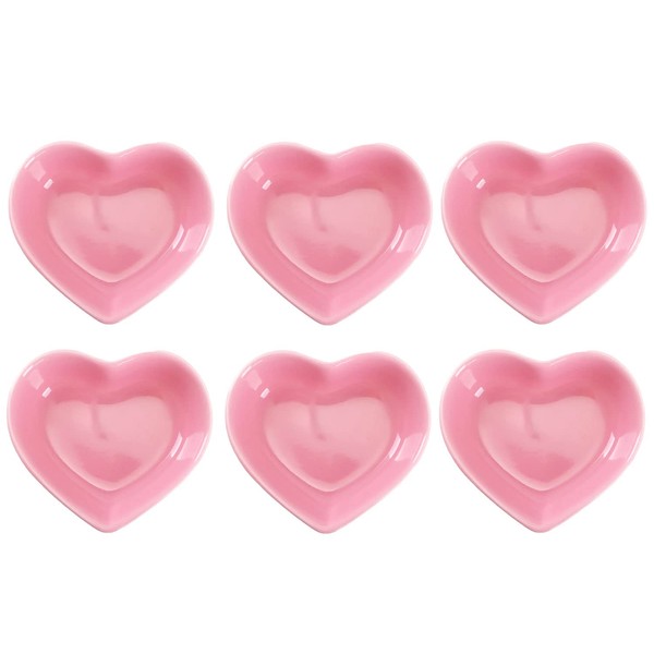 WHJY Pink Love Heart Shaped Ceramic Side Dish Bowl, Contemporary Porcelain Side Dishes Bowl, Seasoning Dishes Soy Dipping Sauce Dishes for Wedding Birthday Party- Set of 6