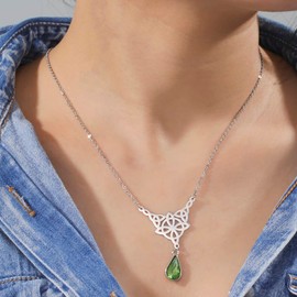 UNIFT Witch Knot Necklace For Women Stainless Steel Hollow Out Celtic Knot With Teardrop-shaped Amethyst Colorful Crystal Pendant Necklace Wiccan Symbol Jewelry Gifts (green crystal)