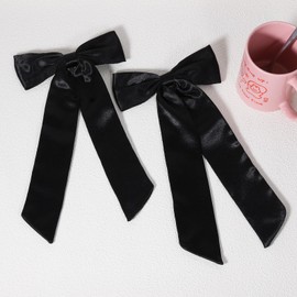Big Hair Bows for Women Girls, 2 Pcs Silky Stain Ribbon Bow-Knot Hair Clips with Long Tails, Elegant Vintage Hair Accessories for Toddler Teens Black Set 6 Inch
