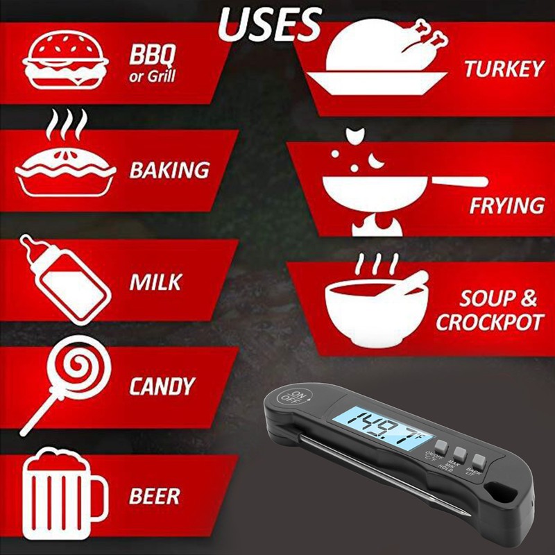 Folding Alarm Thermometer Electronic Barbecue Thermometer Food Temperature Measuring MeterBlack