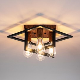Semi Flush Mount Ceiling Light Fixture, 4 Light Industrial Ceiling Light with Black Frame & Wood Grain Accent, Close to Ceiling Farmhouse Lighting for Kitchen, Bathroom, Bedroom, Hallway (E26,1-Pack)