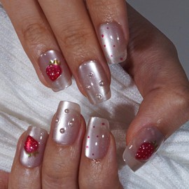 Curvlife Press On Nails Kit - Full Cover False Nail Tips with Trendy Designs, Reusable & Glue Included - Easy Application Nail Accessories for Women (strawberry, Medium)