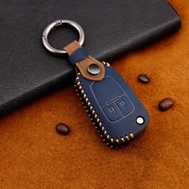 ontto Cowhide Leather Flip Car Key Case Cover for Vauxhall Astra Insignia Mokka Zafira Corsa D Karl Viva Key Case with Key Fob Key Protection Case Remote Control 2 Buttons Blue