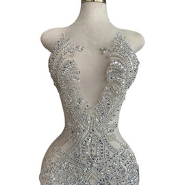 Akiko.CC Handmade Rhinestones Bodice Applique sew on Beads Trim Patches Trim Accessories for Wedding Dress Shiny Decorative lace Patch 14X26.7inches (Silver)