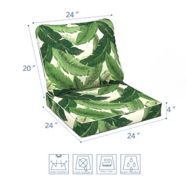 LVTXIII Outdoor Deep Seat Cushion 24"x24"x4" Patio Seat and Back Cushion Set Seasonal Chair Cushion for Dining Arm Chairs, Wicker Chairs and Garden Furniture Decoration, Swaying Palms Green