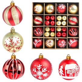 JOFONY Christmas Tree Baubles, Set of 44, 6 cm and 3 cm Christmas Tree Baubles, Christmas Tree Decorations, Christmas Baubles, Red and Gold Tree Baubles for Indoor Outdoor Christmas Tree Decoration