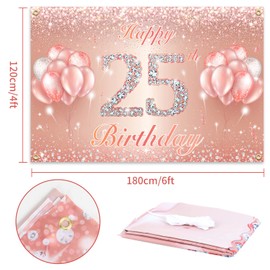 Happy 25th Birthday Banner Backdrop - 25 Birthday Party Decorations Supplies for Women or Men - Rose Gold 4 x 6ft
