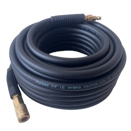 Air Hose 3/8 in x 50 ft, Heavy Duty, Lightweight, Kink Resistant, Hybrid Air Compressor Hose with 1/4 in Solid Brass Male Fittings, Bend Restrictors, 300 PSI (50FT, Black)