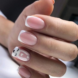 24pcs Easter Press on Nails Short Easter Fake Nails With Square French Cute Loving Long-Eared Rabbit Designs Glue on Nails Cute Bunny False Nails Easter Manicure Accessories Decoration