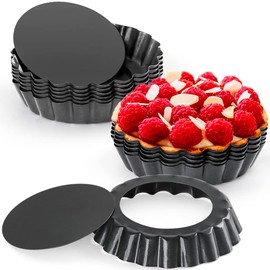 Cyimi Pack of 12 Mini Tart Moulds, 4 Inch Tart Mould with Lifting Base, Non-Stick Coating Pie Mould, Tartelette Moulds, Mini Quiche Mould, 10 cm