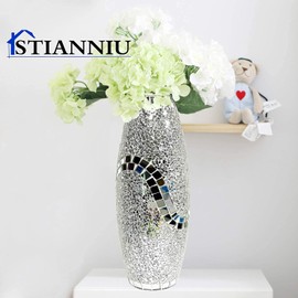 Decorative Shine Vase Stunning Handmade Mosaic Crackle Glass House Decor Table Centerpieces Modern Room Decoration (Hu-Silver)