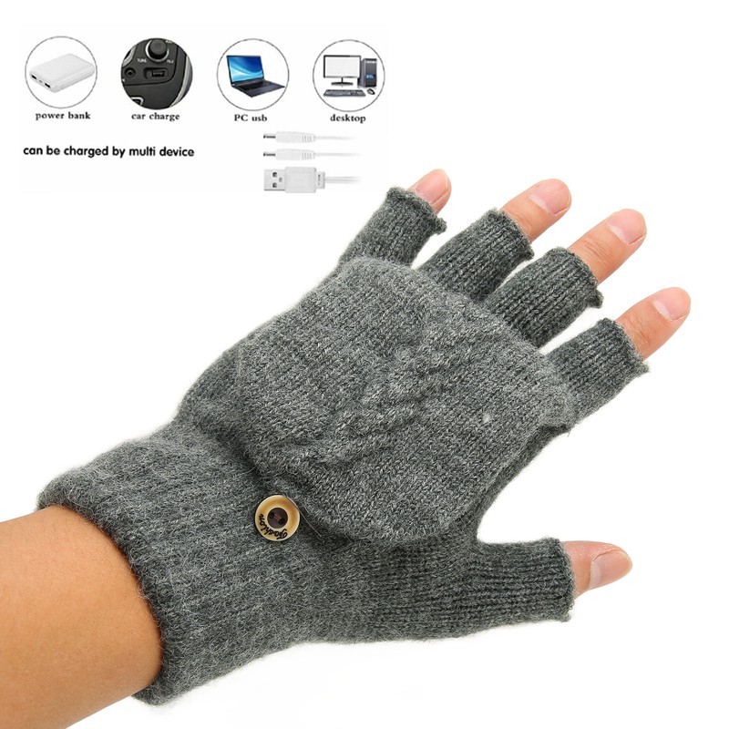 USB Warmer Heated Gloves Flip Half Fingerless Electronic Knitted Hand