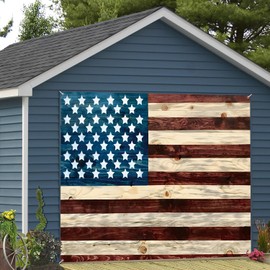 DORCEV 7x8ft Wood American Flag Garage Door Decor Vintage Red Blue Star Stripes Flag Garage Door Cover Independence Day Veterans Day 4th of July Patriotic President's Day Garage Door Decor