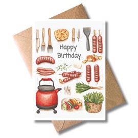 WBdesignz Funny Birthday Card Grill with Envelope - BBQ Motif with Barbecue Food & "Happy Birthday" Saying - Birthday Card for Men & Women - Barbecue Lovers (A6)