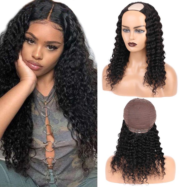 Daimer U Part Wig Brazilian Deep Wave Human Hair Extension Clip In Half Wigs None Lace Front Machine Made 100% Virgin Hair Natural and Soft for Black Women 18 Inch Natural Colour