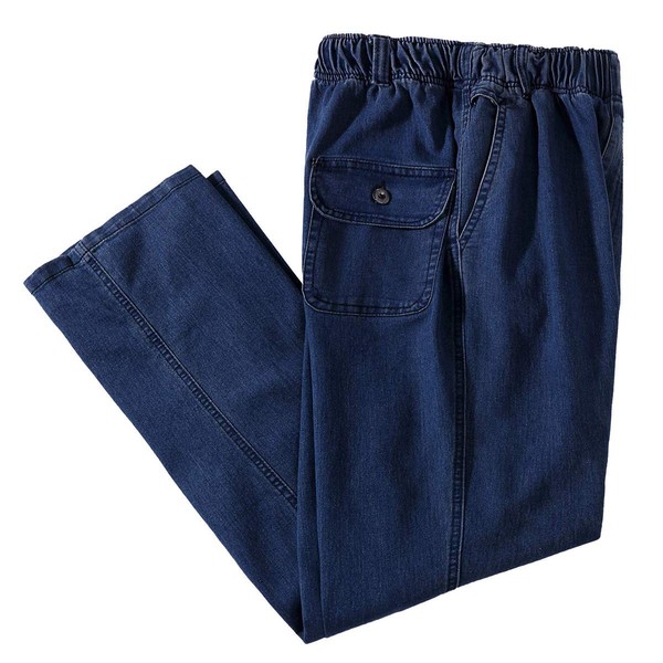 IDEALSANXUN - Pantalones de mezclilla para hombre, cintura elástica, ajuste holgado, estilo casual, color liso, Azul oscuro/Denim, 34W x 28L