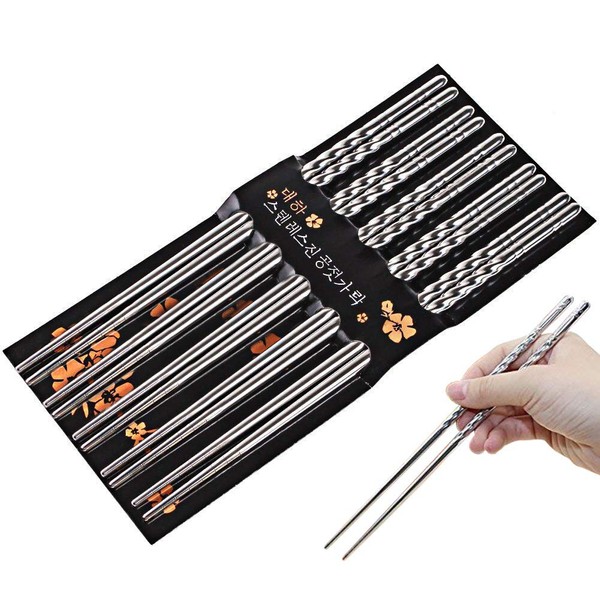 Chopsticks, Cozyswan 5 Pairs Stainless Steel Chopsticks Washable for Dishwasher 20 cm for Sushi Noodle Rice BBQ
