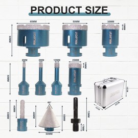 MINLAYCUT Diamond Core Drill Bits Set - Tile Hole Saw Kit 10pcs 6/8/10/25/35/50/65mm with 2" Diamond Beveling Chamfer Bits for Porcelain Ceramic Tile Granite Marble