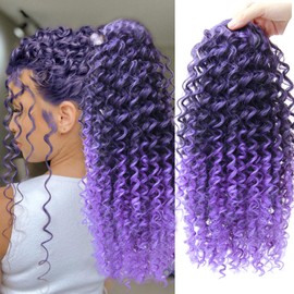 YXCHERISHAIR Ponytail Extension,Curly Wavy Ponytail Ombre Grey Drawstring Ponytail Hair Extensions for Women Natural Wavy Synthetic Hairpiece for African Women Daily Use party(T/Purple, 18inch)