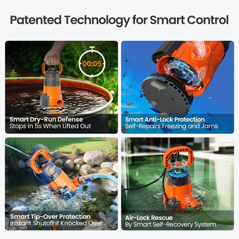 Cleartide Submersible Sump Pump, Smart Water Sensor Auto On/Off, Manual/Auto
