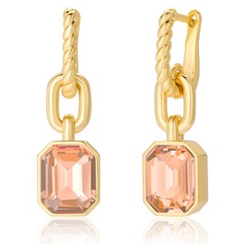 Birthstone Crystal Dangle Drop Earrings, 14K Gold Plated Huggie Hoop Hypoallergenic Earring Jewelry Gifts for Women (Champagne -Hoop)