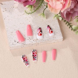 RTKHFZE Spring Press on Nails Medium Coffin Fake Nails with Flower and Flamingo Pattern Design,Pink Glue on Nails Gift for Holiday/Christmas Day/Daughter/Party