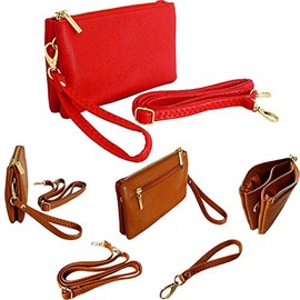 The Accessory Co. Womens Small Clutch Bag Plain Crossbody Purse Multi Compartment Pocket Evening Bridal with Wristlet and Long Shoulder Strap (Red)