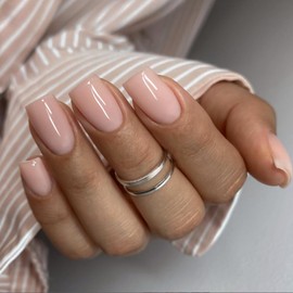 KQueenest Nude Rosa Press On Nails Mandel Eckig, Sarg Nägel zum Aufkleben Kurz, Glänzende Jelly-Gel Fake Nails Fingernägel zum aufkleben Ballerina, Einfarbig Acryl Kunstnägel für Frauen, 24 Stück