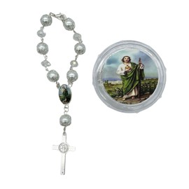 12 PC Crystal Saint Jude Car Auto Rosary with Gift Bag Perfect for First Communions, Baptism, Wedding Shower Religious Gift - Silver