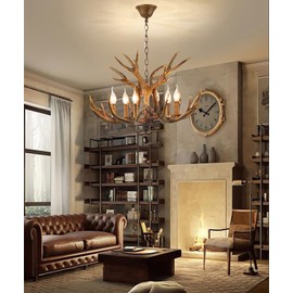 Durahonn Brown Color Antler Chandelier Light Fixture 6 Lights E12 Bulbs Vintage Resin Antler Ceiling Light for Living Room, Dining Room, Bedroom, Kitchen with Adjustable Chain (Brown)