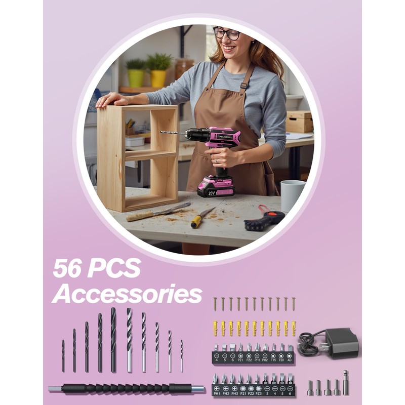 Pink Cordless Drill Set, 20V Max PowerDrill for Women, Lightweight