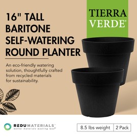 TierraVerde 2 Pack Baritone Round Planter Self Watering Pot, 18" W x 16" H, Black