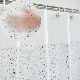 Riyidecor Frosted Holographic Shower Curtain Liner 72Wx72H Inch PEVA Thin，Waterproof Glitter Star，Premium Light Weight Iridescent Water Repellent No Smell Bathroom Decor Waterproof 12 Pack Hooks
