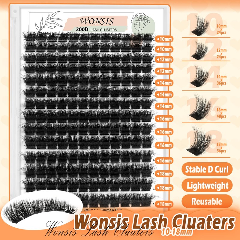 Lash Clusters, Thick 200D Volume Eyelash Clusters 10-18mm, Soft Lightweight
