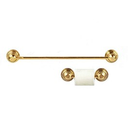 Melody Jane Dolls House Gold Brass Towel Rail Toilet Tissue Fittings Set Bathroom Accessory