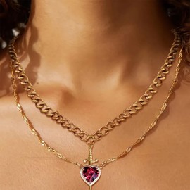 Lanadale Red Heart Sword Matching Necklaces for Couples Him and Her, Gold Plated Stainless Steel Chain Friendship Necklace for Women Men BFF Necklaces for 2 Valentines Day Gift Gothic Jewelry Ruby